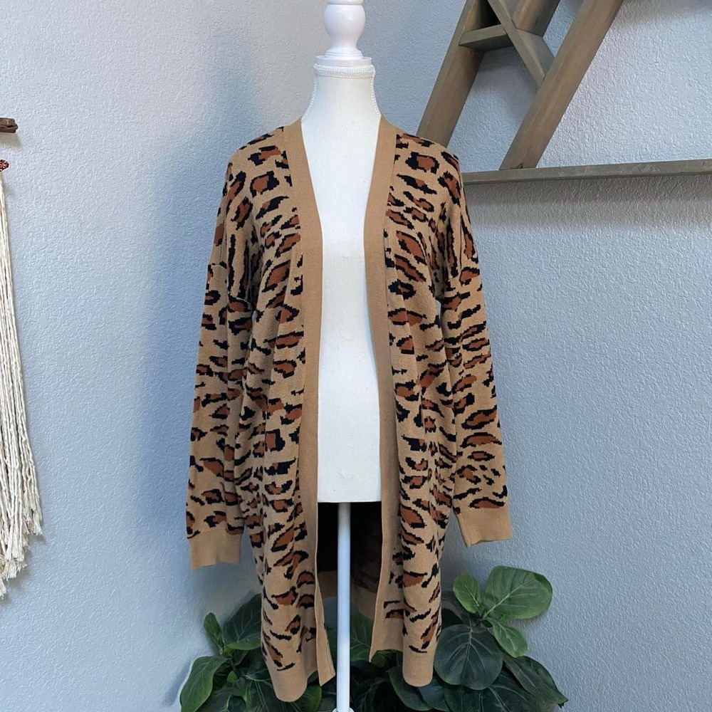 SPLENDID BROWN LEOPARD CHEETAH PRINT OPEN FRONT CARDIGAN COZY OFFICE BUSINESS
